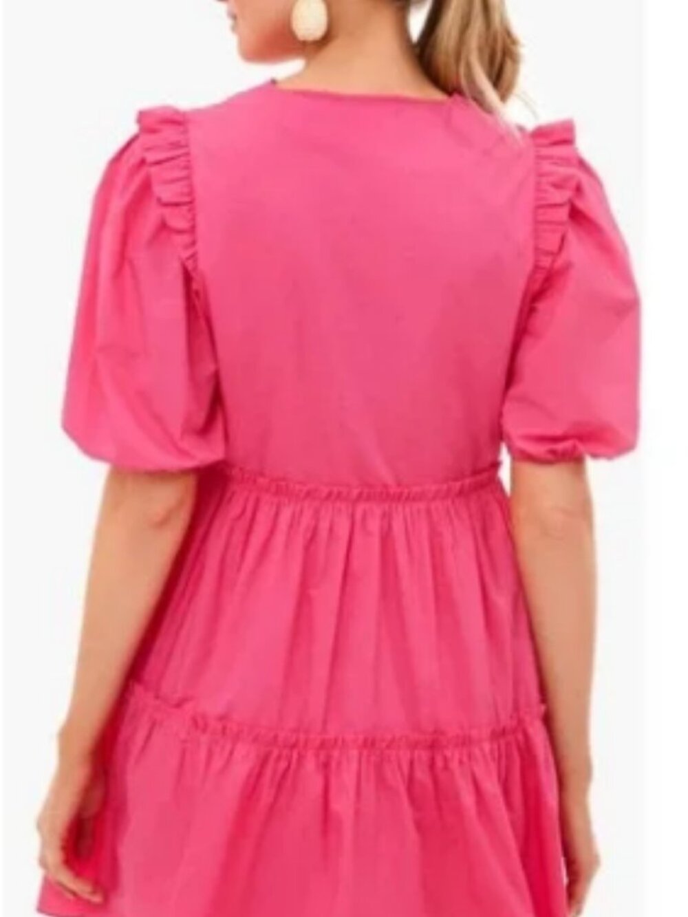 Puff-Sleeve Tiered Mini Dress in Hot Pink - Picture 2 of 5
